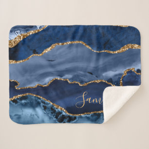 Navy Blue en Faux Gold Glitter Marble Agate Sherpa Deken