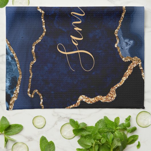 Navy Blue en Faux Gold Glitter Marble Agate Theedoek (Gevouwen)