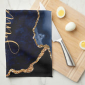 Navy Blue en Faux Gold Glitter Marble Agate Theedoek (Quarter Fold)