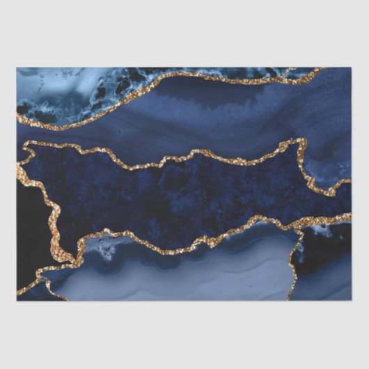 Navy Blue en Faux Gold Glitter Marble Agate Tissuepapier (Voorkant)