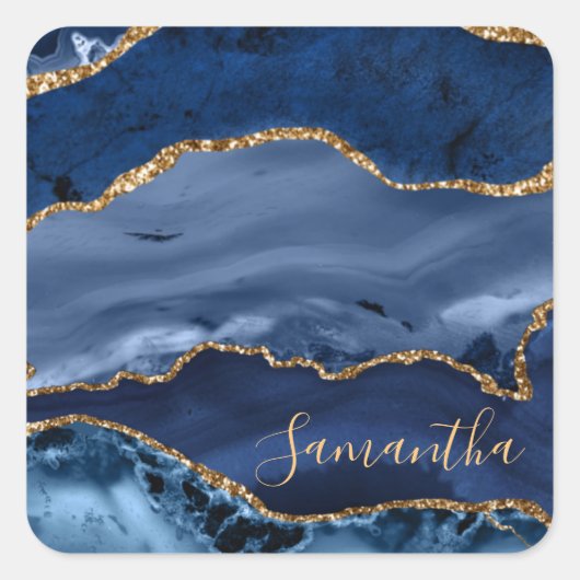 Navy Blue en Faux Gold Glitter Marble Agate Vierkante Sticker (Voorkant)