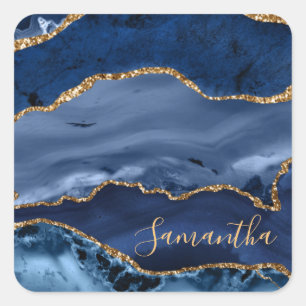 Navy Blue en Faux Gold Glitter Marble Agate Vierkante Sticker