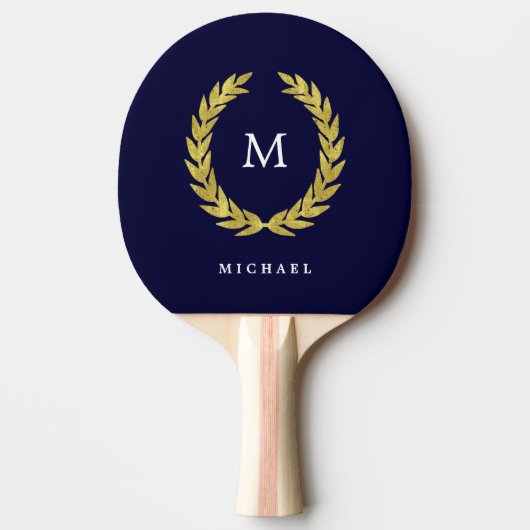 Navy Blue en Faux Gold Laurel Wreath | Monogram Tafeltennisbatje (Voorkant)
