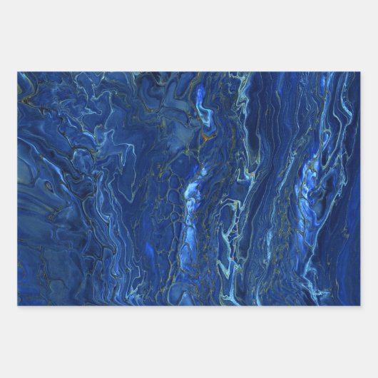 Navy Blue en Faux Gold Marble Acrylic Abstraction Inpakpapier Vel (Voorkant)