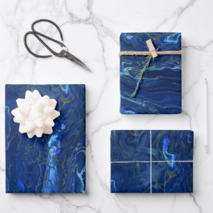 Navy Blue en Faux Gold Marble Acrylic Abstraction Inpakpapier Vel
