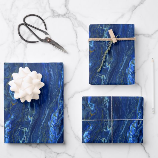 Navy Blue en Faux Gold Marble Acrylic Abstraction Inpakpapier Vel (Voorkant)