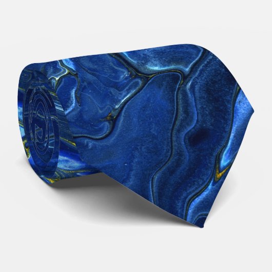 Navy Blue en Faux Gold Marble Acrylic Abstraction Stropdas (Opgerold)