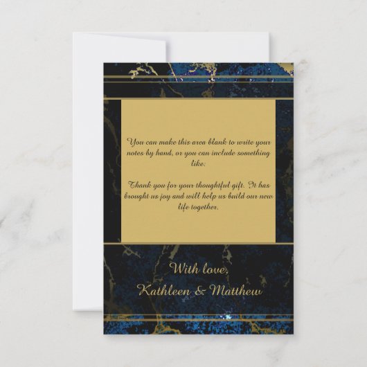 Navy Blue en (Faux) Gold Marble Wedding Bedankkaart (Achterkant)