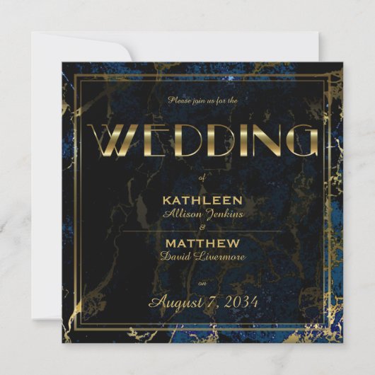 Navy Blue en (Faux) Gold Marble Wedding Kaart (Voorkant)