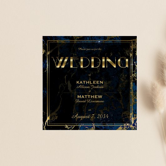 Navy Blue en (Faux) Gold Marble Wedding Kaart
