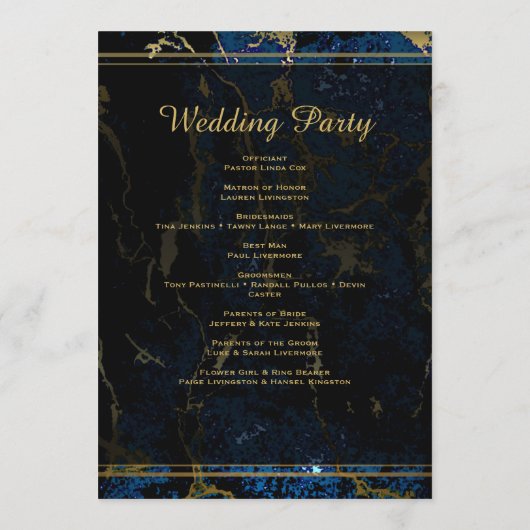 Navy Blue en (Faux) Gold Marble Wedding Programmakaart (Achterkant)
