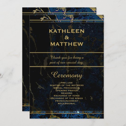 Navy Blue en (Faux) Gold Marble Wedding Programmakaart (Voorkant / Achterkant)