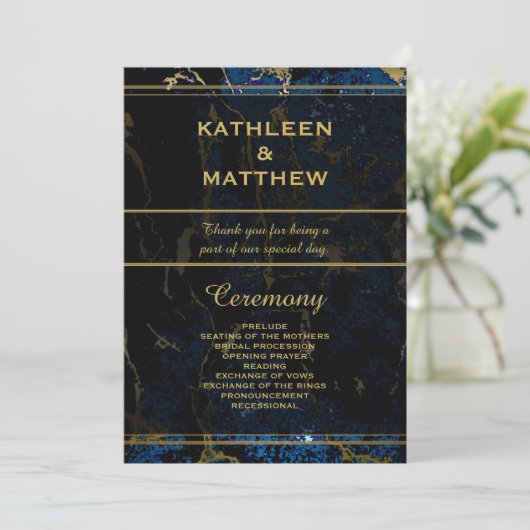 Navy Blue en (Faux) Gold Marble Wedding Programmakaart (Staand voorkant)