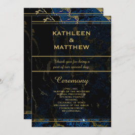 Navy Blue en (Faux) Gold Marble Wedding Programmakaart