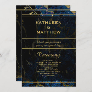 Navy Blue en (Faux) Gold Marble Wedding Programmakaart