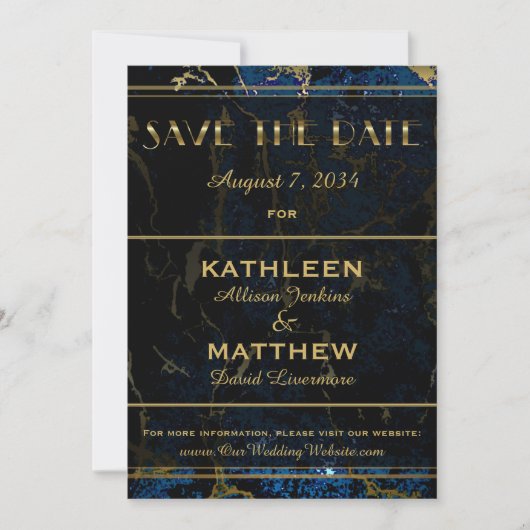 Navy Blue en (Faux) Gold Marble Wedding Save The Date (Voorkant)