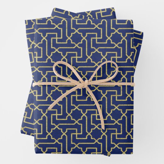 Navy Blue en Faux Gold Moroccan Mosaic Pattern Inpakpapier Vel (In situ)