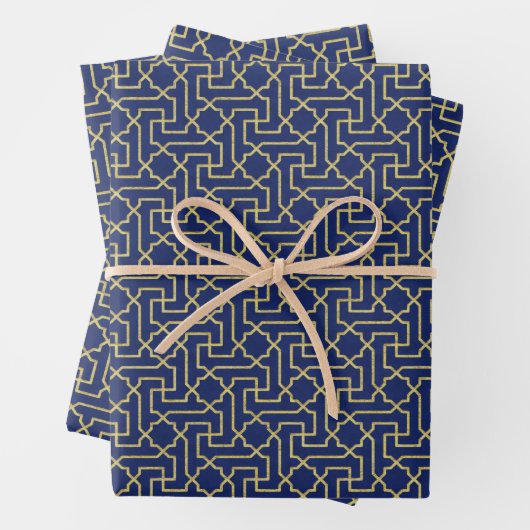 Navy Blue en Faux Gold Moroccan Mosaic Pattern Inpakpapier Vel (In situ)