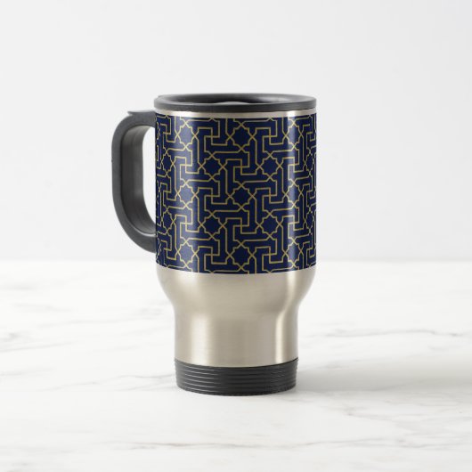 Navy Blue en Faux Gold Moroccan Mosaic Pattern Reisbeker (Voorkant links)