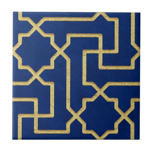 Navy Blue en Faux Gold Moroccan Mosaic Pattern Tegeltje (Voorkant)