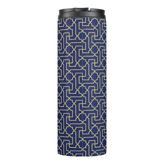 Navy Blue en Faux Gold Moroccan Mosaic Pattern Thermosbeker (Achterkant)