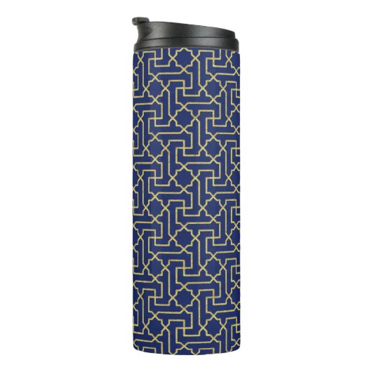 Navy Blue en Faux Gold Moroccan Mosaic Pattern Thermosbeker (Geroteerd rechts)