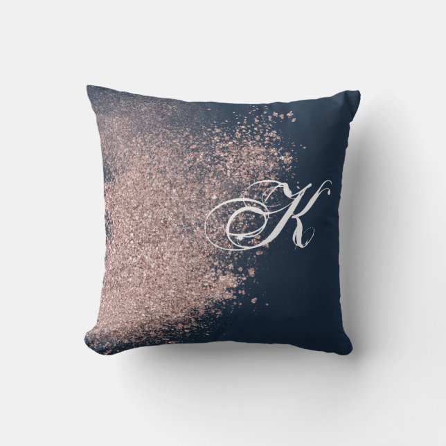 Navy Blue en Faux Roos Gold Glitter Monogram Kussen (Voorkant)