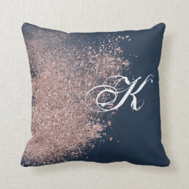 Navy Blue en Faux Roos Gold Glitter Monogram Kussen