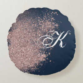 Navy Blue en Faux Roos Gold Glitter Monogram Rond Kussen