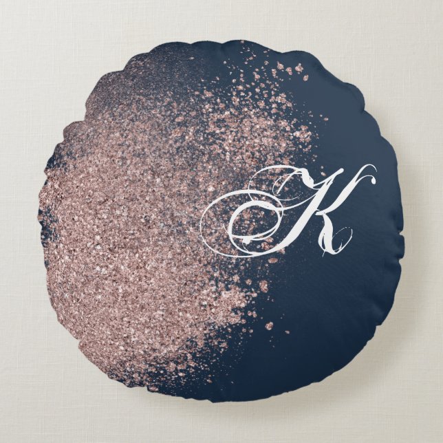 Navy Blue en Faux Roos Gold Glitter Monogram Rond Kussen (Voorkant)