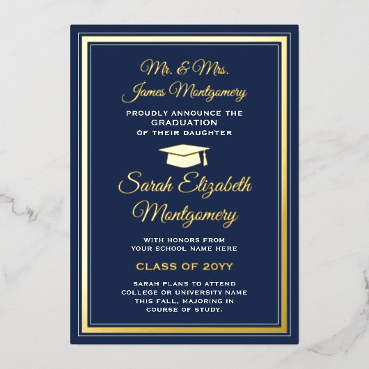 Navy Blue en Folie Foto Afstuderen Aankondiging (Voorkant)