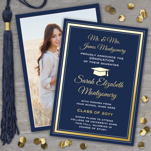 Navy Blue en Folie Foto Afstuderen Aankondiging