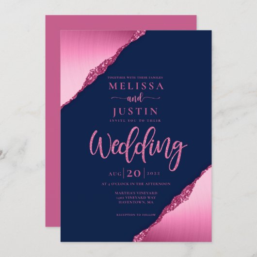 Navy Blue en Fuchsia Glitter bruiloft uitnodiging (Voorkant / Achterkant)