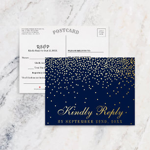 Navy Blue en Glam Confetti Wedding RSVP Real Folie Uitnodiging Briefkaart