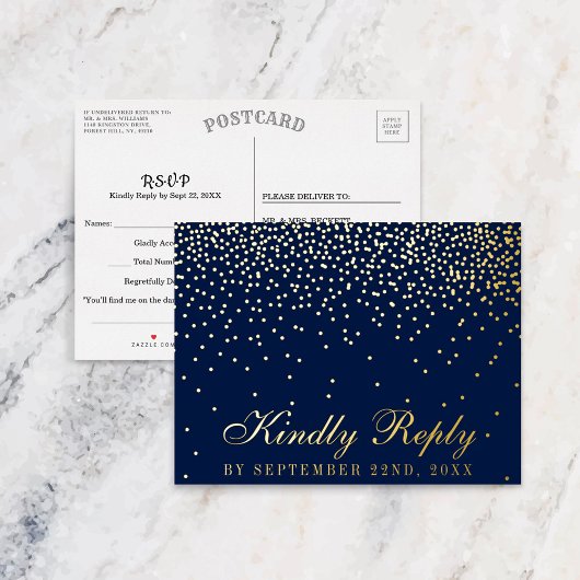 Navy Blue en Glam Confetti Wedding RSVP Real Folie Uitnodiging Briefkaart