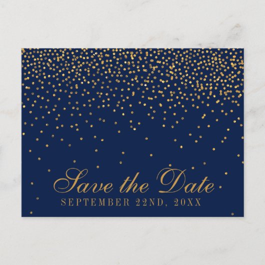 Navy Blue en Glam Gold Confetti bewaren de datum Aankondigingskaart (Voorkant)
