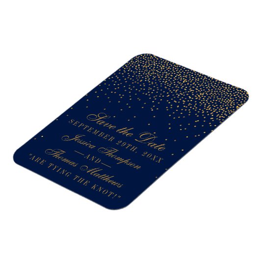 Navy Blue en Glam Gold Confetti bewaren de datum Magneet (Linkerzijde)