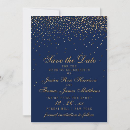 Navy Blue en Glam Gold Confetti bewaren de datum Save The Date (Voorkant)