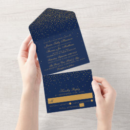 Navy Blue en Glam Gold Confetti Wedding All In One Uitnodiging