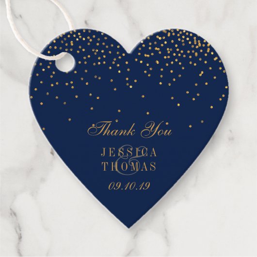 Navy Blue en Glam Gold Confetti Wedding Bedankjes Labels (Voorkant)