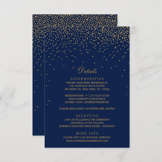 Navy Blue en Glam Gold Confetti Wedding Informatiekaartje (Voorkant / Achterkant)