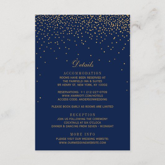 Navy Blue en Glam Gold Confetti Wedding Informatiekaartje (Voorkant)