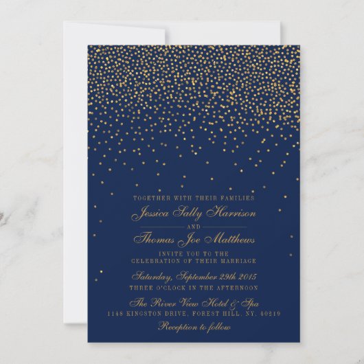 Navy Blue en Glam Gold Confetti Wedding Kaart (Voorkant)