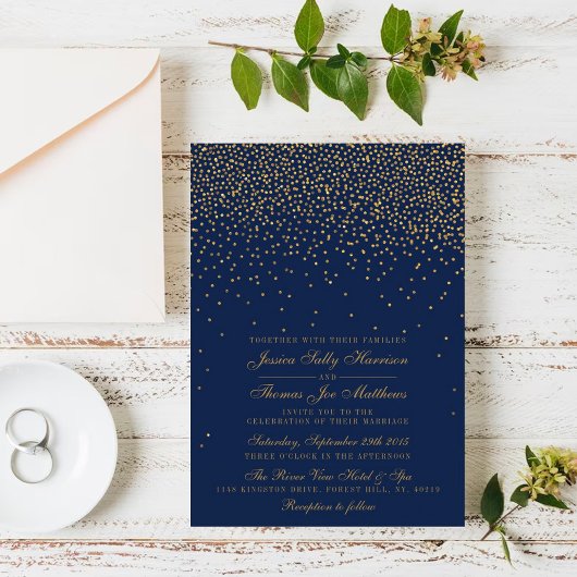 Navy Blue en Glam Gold Confetti Wedding Kaart