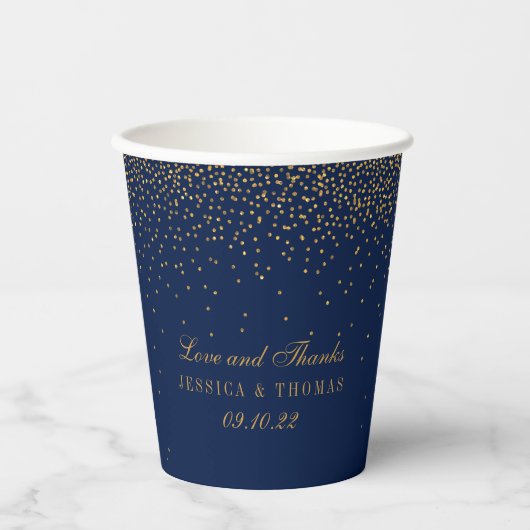 Navy Blue en Glam Gold Confetti Wedding Papieren Bekers (Voorkant)