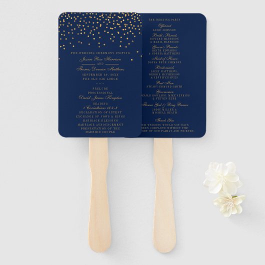 Navy Blue en Glam Gold Confetti Wedding Programme Handwaaier (Voorkant en achterkant)