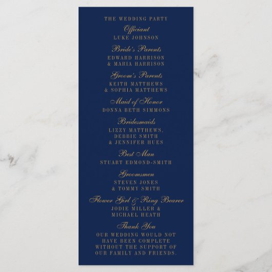 Navy Blue en Glam Gold Confetti Wedding Programme Programmakaart (Achterkant)