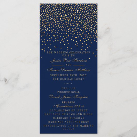 Navy Blue en Glam Gold Confetti Wedding Programme Programmakaart (Voorkant)
