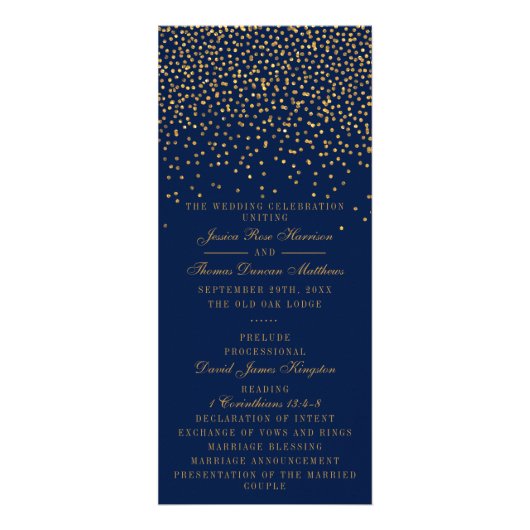 Navy Blue en Glam Gold Confetti Wedding Programme Reclamekaart (Voorkant)