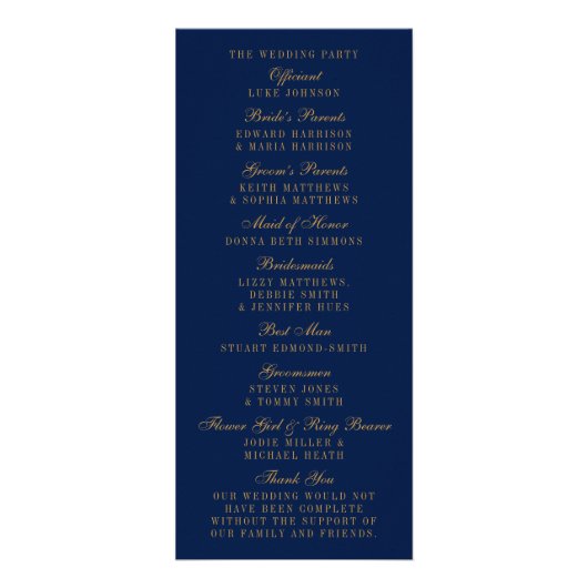 Navy Blue en Glam Gold Confetti Wedding Programme Reclamekaart (Achterkant)